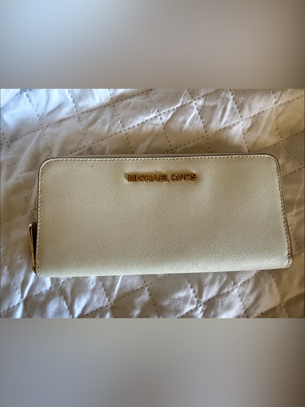 Michael Kors Cream Saffiano Zip Wallet with Gold Hardware